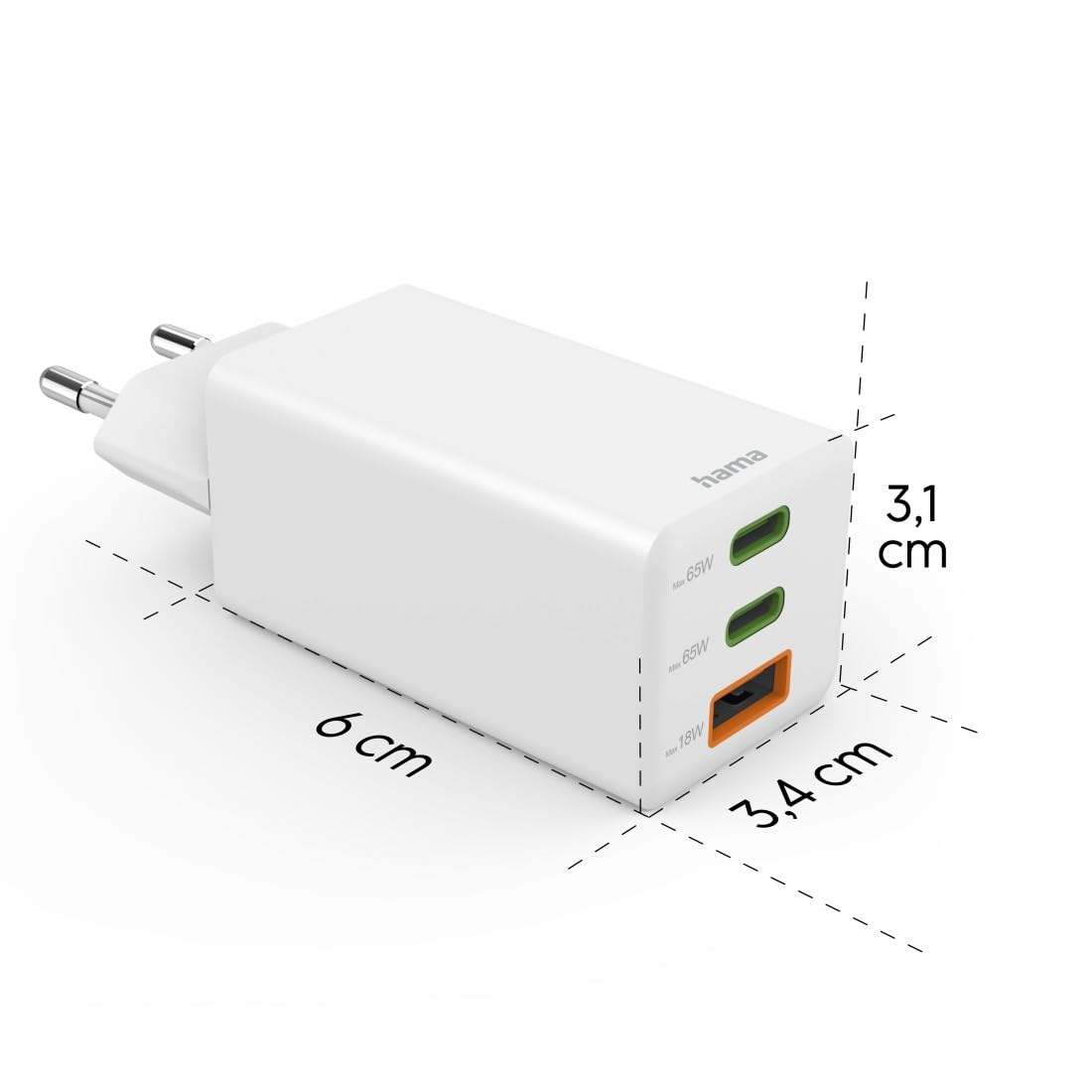 Hama Ładowarka sieciowa mini 65 W, 2x USB typ C, 1x USB A (mała, lekka, adapter ładowania, Power delivery, Quick Charge, wydajna, szybka) biała