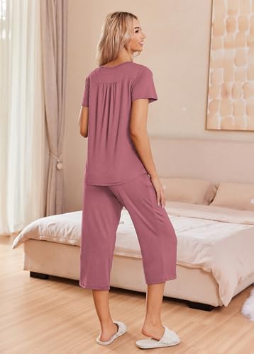 Image of Ekouaer Women's Pajama Sets Short Sleeve Sleepwear Button Up Pj Loungewear Top and Capri Pants with Pockets