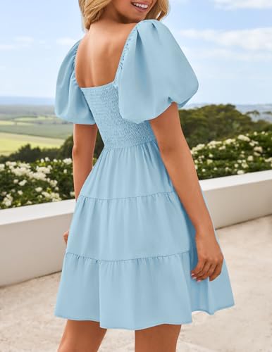 Image of ZESICA Women's Boho 2026 Summer Square Neck Puff Sleeve Off Shoulder Smocked Tiered Casual A Line Short Mini Dress