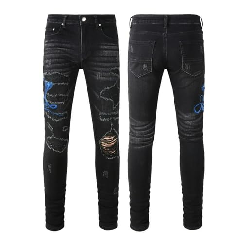 Jeans Pants Trousers Denim Men Trendy Street Personalized Embroidered Snake Pattern Punched Black Elastic Tight Stretch Slim Fit Casual Small Foot(Black,33)4