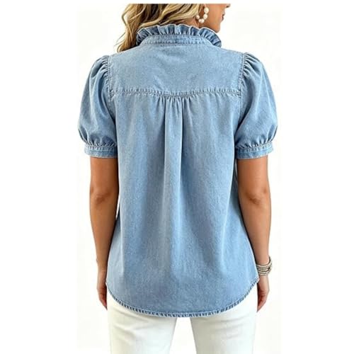 Blouse en jean à volants dotée d'une basque élégante et manches courtes - 2