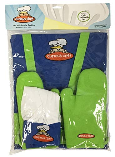 Curious Chef 4-Piece Child Textile Set For Kids And Toddlers, Blue And Green Child-Sized Apron, Oven Mitts And Chef’s Hat, Real Kitchen Wear Cooking Kit #TOP1
