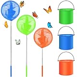 Forbabe 3 Stück Kescher und 3 Stück Faltbarer Eimer 85cm Teleskop Käscher Schmetterlingsnetze Set Fischernetz von Insekten Angeln Outdoor Gartenaktivitäten