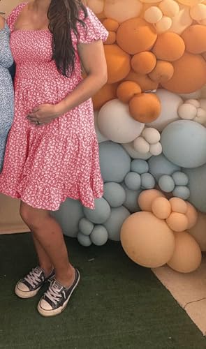 Image of Veatzaer Women's Puff Sleeve Square Neck Smocked Babydoll Dress Boho Floral Print Off Shoulder Ruffle Mini Short Dress