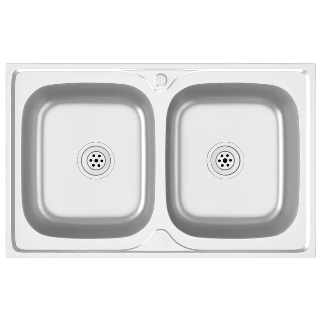 vidaXL Kitchen Sink with Double Basins Stainless Steel Kitchen Basin with Overflow Hole Reversible Drainer Sink 800x500x155 mm Silver