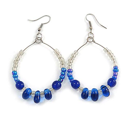 Royal Blue/Transparent Ceramic/Glass Bead Hoop Earrings In Silver Tone - 70mm Long3