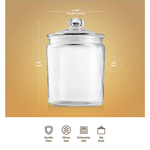 KooK Glass Storage Canister, Clear Jar, With Clear Glass Lid- 1/2 Gallon (Set of 2)