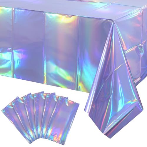 Image of 6 Pack Iridescent Light Purple Tablecloth for Parties, Pastel Purple Holographic Plastic Table Cover, Disposable Laser Purple Table Cloth for Birthday Wedding Baby Shower Party Decorations, 54x108Inch