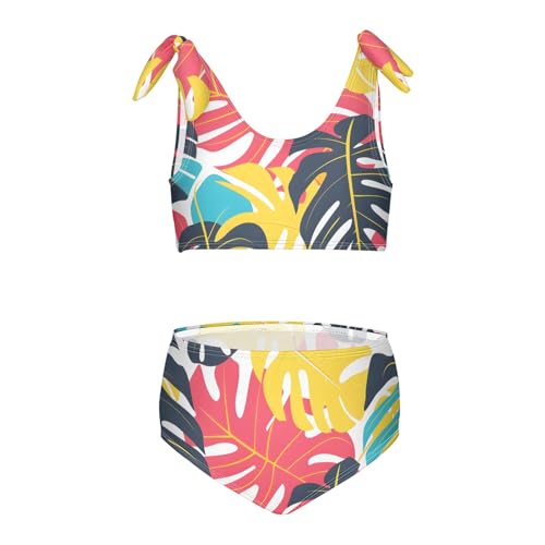 Girls' Bikini Set, Colorful Pattern on White Background Kids Swimsuit 2 Pcs Beach Bathing Suit