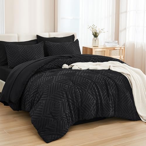 Image of Andency Oversized King Size Comforter Set 7 Pieces Black - Bed in a Bag Oversized King Boho Lightweight Fluffy Tufted Bedding Sets with Comforter, Sheets, Pillowcases & Shams