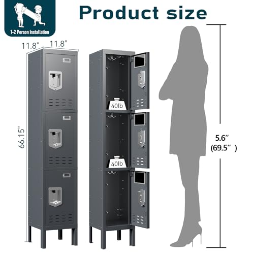 Image of BUTISOW Metal Lockers - 66 inch Height Steel Lockers for Employees with 3 Door Storage Locker with Card Slot for Employees Gym School Home Office Garage - Assembly Required