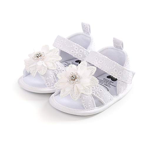 Newborn Baby Girl Summer Sandals Cute Lace Flower Pearl Anti-Slip Soft Sole Princess (White, 12-18month)