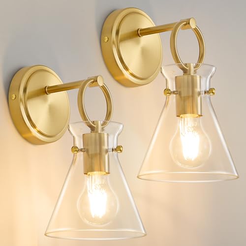 Image of Gold Wall Sconces Set of 2 Vanity Light Fixture for Bathroom | Wall Mount Lighting Lamp, Farmhouse Wall Lights 6'' Clear Glass Shade, Hardwired for Bedroom Living Room Mirror