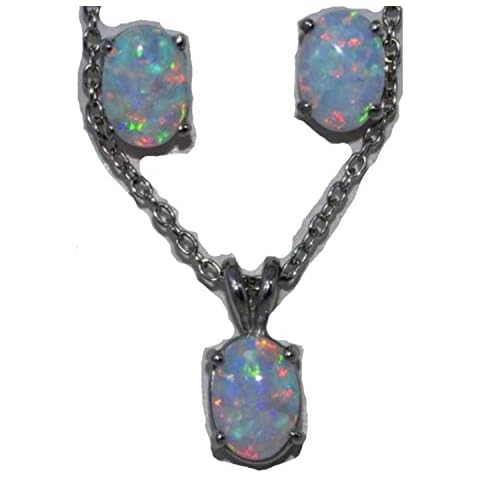 Elizabeth Jewelry Simulated Opal Oval Stud Earrings and Pendant Set .925 Sterling Silver Rhodium Finish Cover