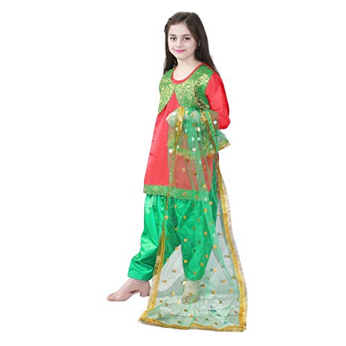 Image of Kaku Fancy Dresses Indian State Punjabi Folk Dance Costume For Kids | Baisakhi /Lohri Festival Dance Costume | Salwar Suit With Dupatta For Girl Costume - Red & Green, 3-4 Years