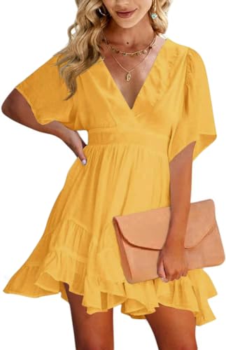 Imily Bela Damen Sommerkleid V Ausschnitt Kurzarm Freizeitkleider Rüschen Strandkleid A-Linie Einfarbig(Gelb,L)