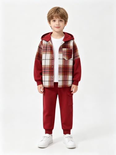 Image of 2Pcs Kids Boys Flannel Plaid Shirt Tops Pants Set Hoodie Sweatsuit for Fall Winter Spring Outfits 4-12 Years