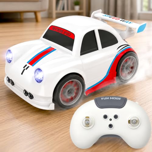 Image of VGRASSP 2.4GHz Rechargeable Mini RC Drift Stunt Car Toy for Kids with LED Headlights and Sound Effects - Interactive Remote Control Racing Car with Follow Me and Escape Mode - White