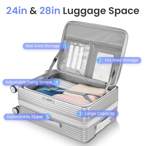 Luggage Sets 3 Piece(20/24/28), Expandable Carry On Luggage with TSA Lock Airline Approved, 100% PC Hard Shell and Lightweight Suitcase with Front Pocket and Spinner Wheels (Silver)4