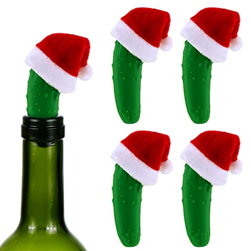 4 Pieces Funny Pickle Wine Stoppers with 4 Pieces Christmas Hat Ornaments Green Pickle Wine Bottle Stopper Reusable Silicone Pickled Cucumber Bottle Stoppers with Santa Hat Decors for Home Bar Party