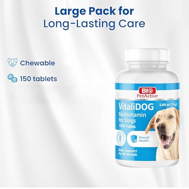 VitaliDOG Multivitamin for Dogs, Skin and Coat Supplement, Dog Prenatal Health Supplies, Vitamin A + E + B9 + B5 + H + Biotin + Amino Acids + Folic Acid for Dogs, 150 Chewable Tablets-g6HgXg0e