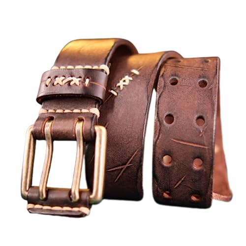 Leather Belt Heavy Duty Genuine Full Grain Leather Vintage Distressed Double Prong Belts 2 Holes Jeans Waist Belt