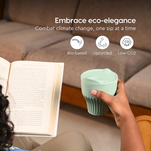 Image of Eha Earth Friendly Rafter Coffee Mug with Lid | Tea Cup Set | 250 ml | Made with Rice Husk | Microwave Safe Mugs for Gifting | 2 Unit | Celeste