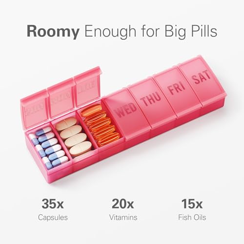 Image of Barhon Pill Organizer Large, Weekly Medicine Pill Organizers, 7 Day Pills Box Case Travel for Big Vitamin Supplements Fish Oil, Red