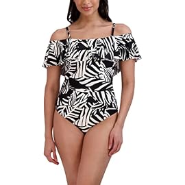 BCBGMAXAZRIA Women’s Standard One Piece Swimsuit Off The Shoulder Tummy Control Quick Dry Bathing Suit