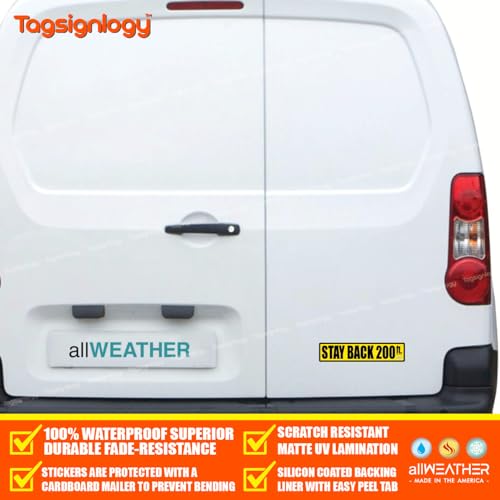 Image of (2 pcs) [9.00 x 2.00 inch] Stay Back 100ft / 200ft feet Driver Caution Safety Sign Tailgate Label Waterproof UV Weatherproof Vinyl Decal Bumper Trunk Lorry Van Rear Sticker (200 ft)
