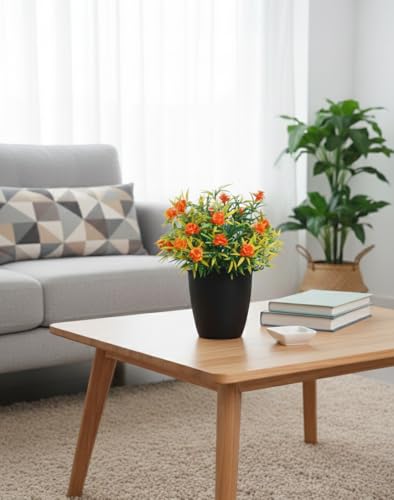Image of Foliyaj Artificial Plant with Orange Flowers in Black Pot | Plants for Home Decor with Pot | Indoor Plants for Living Room