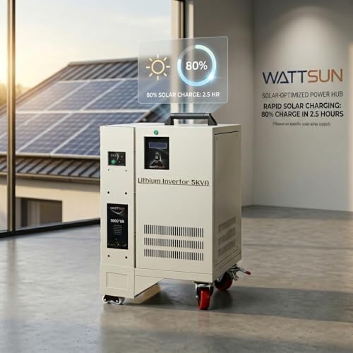 Image of Wattsun 5kVA Inverter with 10.24KWh High Capacity Inbuilt Lithium Battery | Upto 15 Yr Life | Solar Compatible | UPS Mode | Runs 1.5 Ton AC | Fast Charging, Zero Maintenance | 5-Year Warranty