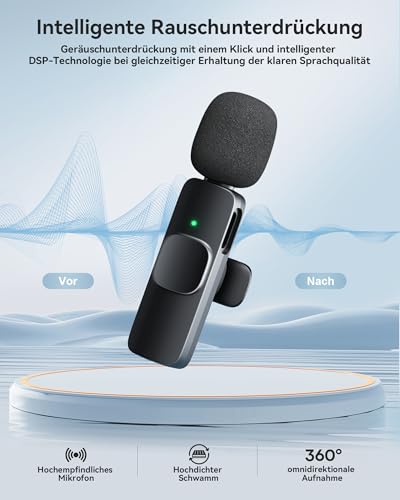 KUKIHO Kabelloses Lavalier Mikrofon für iPhone/iPad/Android (2 Sender), Mini Ansteckmikrofon mit Geräuschunterdrückung, Plug-Play Wireless Mikrofon für Videoaufnahmen, Podcast, YouTube, TikTok, Vlog