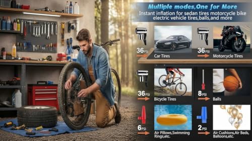 Image of Portable Tire Inflator Air Pump with 150 PSI & Tire Repair Kit, Cordless Air Compressor, Wireless Car Tyre Inflator, Digital Pressure Gauge, Rechargeable Air Pump for Car,Motorcycle, SUV, Bicycle.