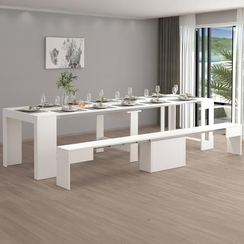 Dmora – Banco Ubertino, Asiento para Mesa de Comedor, Banco Individual Extensible, 290 x 25 x 45 cm, Color Blanco Brillante