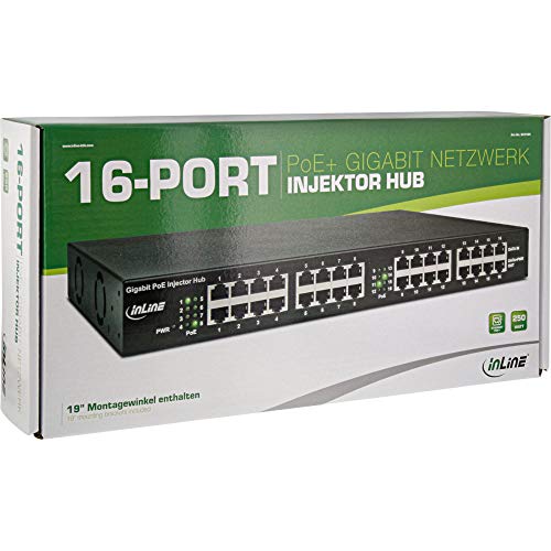 InLine® PoE+ Gigabit Network Injector Hub 16 Puertos (16x PoE+), 1 Gbps, 19 Pulgadas (Ángulo Incluido), Metal, 2 Ventiladores miniatura 4