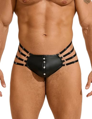 comeondear Mens Faux Leather Thong Panties Black Plus Size Jockstrap T-Back Bulge Pouch Briefs G-String with Rivet