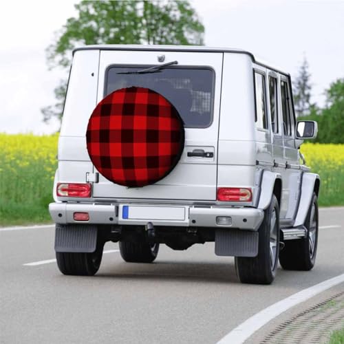 Image of Lumberjack Plaid Pattern Spare Tire Cover 15 inch Wheel Red Black Plaid Mesh Regular Repeat Squares Classic Protectors Weatherproof Universal for Trailer Tire Cover Rv SUV Truck Camper Travel Trailer