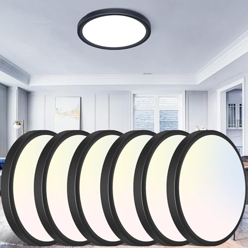 Image of libtit 12 inch Flush Mount LED Ceiling Light Fixture, 3000K 4000K 6500K Adjustable, 28W 3200lm Black Round Lighting Fixtures for Bathroom Shower Hallway Kitchen, 6 Pack