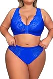 SecWpnConfy Women's Plus Size 2 Piece Lingerie Set Sexy Sheer Bralatte 3/4 Cup Bra Panty Sets Super Stretchy Lace Underwired XXX-Large 36XHF-AS Blue 3XL