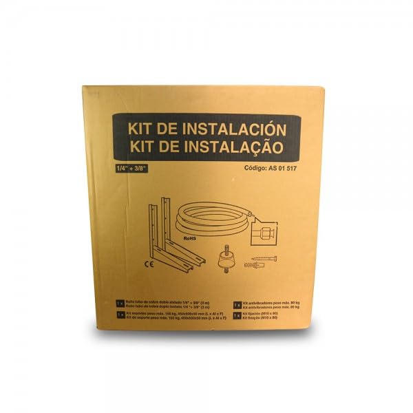 Kit instalación aire acondicionado, escuadras soporte compresor, tuberías de cobre aislado 5m 1/4 3/8, silentblock, tornillería.
