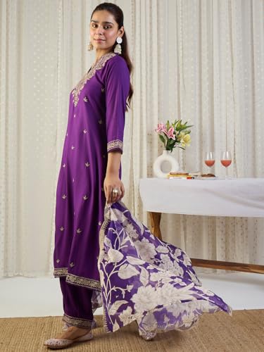 Image of INDO ERA Women's Rayon Viscose Rayon Embroidered Straight Kurta & Salwar with Dupatta Set