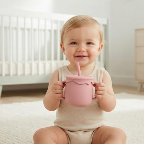 Image of Moonkie 2-in-1 Silicone Baby Cups with Straw and Lid for Snacks, 8.5 oz Spill-Proof Sippy Cups, Training Cup for Toddlers Ages (Pink)