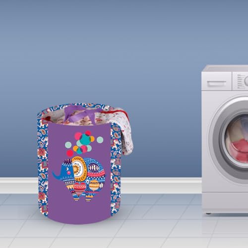 PrettyKrafts 45 Ltr Folding Laundry Basket for Clothes, Freestanding Laundry Hamper, Collapsible Clothes Hamper with Handles, Round Storage Basket for Clothes,Bedroom,Bathroom, Set of 1,Purple