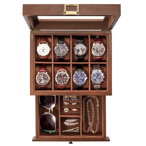 ProCase Wooden Watch Case for Men, 8 Slot Mens Watch Box With Drawer, 2-Layer Watch Display Case, 8 Watch Holder Organizer, Jewelry and Watch Storage Organizer for Men Women -8 Slot, Brown