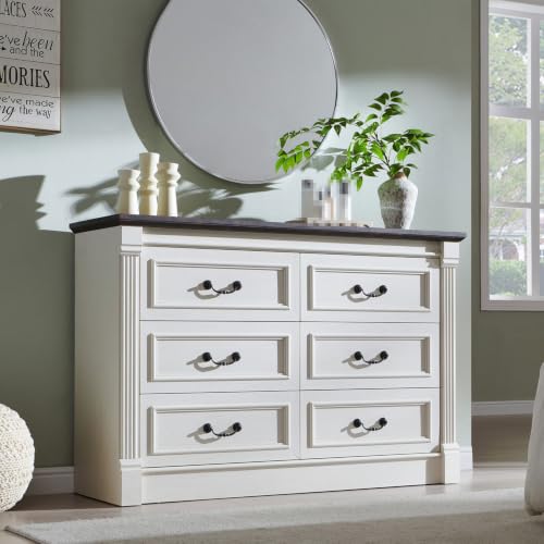 Image of Aitjunz Farmhouse 6 Drawer Dressers for Bedroom, 47'' Wide Dresser & Chests of Drawers w /Roman Columns, Horizontal Wooden TV Stand Dresser w /Metal Handle for Bedroom, Hallway, Living Room, White