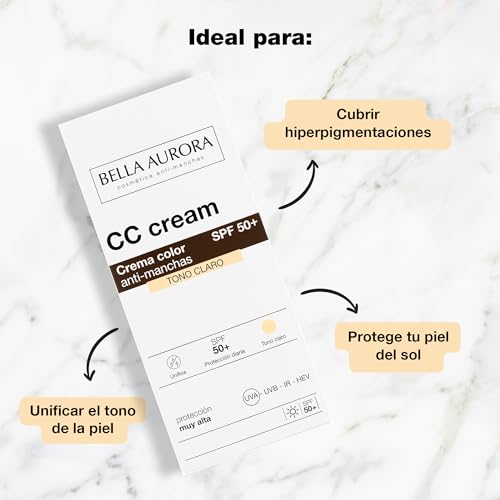 Bella Aurora CC Cream Antimanchas SPF 50+ con Color | Protector Solar Facial Antiedad | Unifica el Tono y Corrige Manchas | Hidratación Diaria | Piel Normal a Seca | Tono Claro | 30 ml - imagen 4
