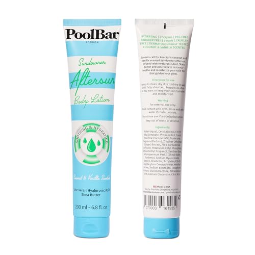 PoolBar Sundowner Aftersun Body Lotion for Women and Men Skin Care, Hydration and Soothing Relief Coconut & Vanilla Scent Sun Care, Enriched with Hyaluronic Acid, Shea Butter, and Aloe Vera, 200ml