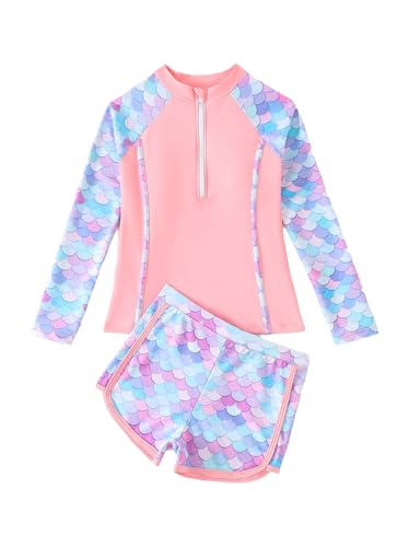 2 Pcs Rash Guard Sets for Girls Mermaid Scales Printed Swim Shirts with Shorts Bathing Suits