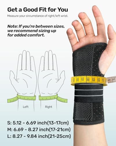 Rakiie 2 Pack Carpal Tunnel Wrist Braces, Adjustable Night Wrist Support with 3 Metal Splints, Hand Stabilizer for Men Women No Pressure on Thumb, Right and Left Hand, Gray Size M - 5